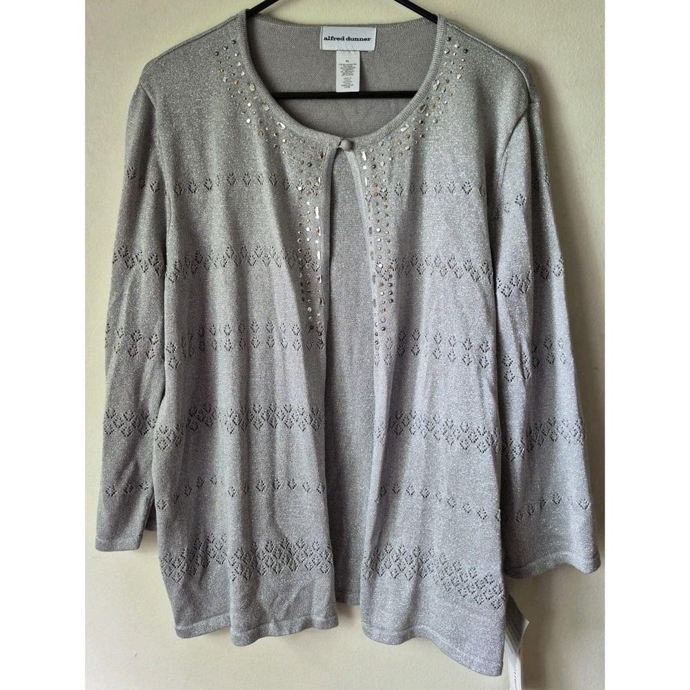 Alfred‎ Dunner Women's Silver Shimmer Embellished Open Front Cardigan Sweater XL
